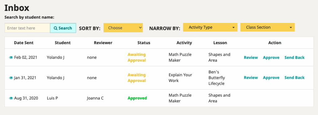 Screenshot of the inbox in the teacher area of the app
