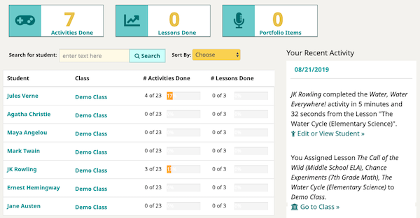 Screenshot of teacher dashboard