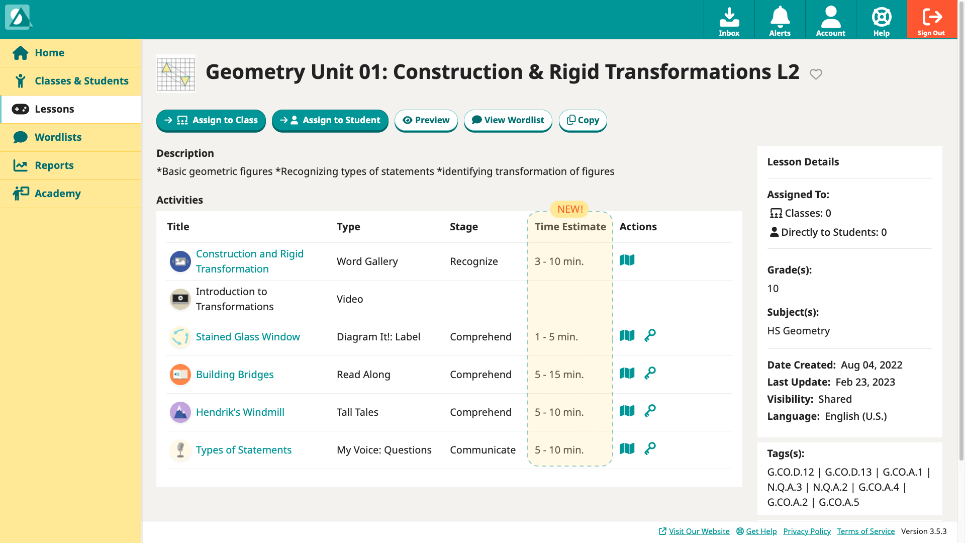 Screenshot of a lesson with new time estimates for each activity