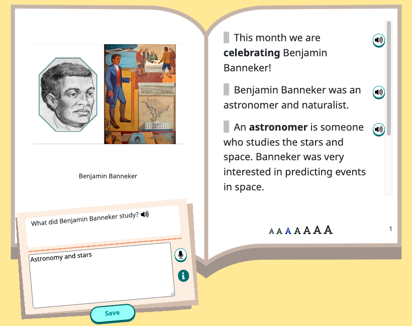 Screenshot of Benjamin Banneker read along activity.