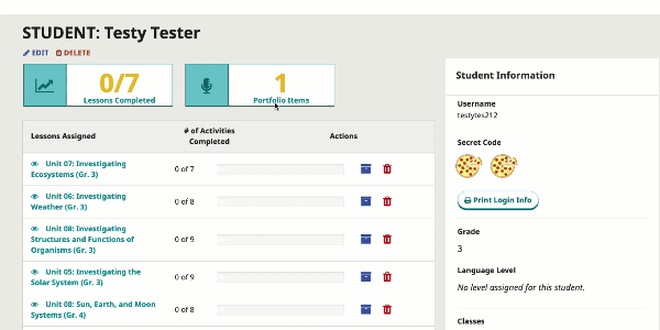 Screenshots of the student portfolio