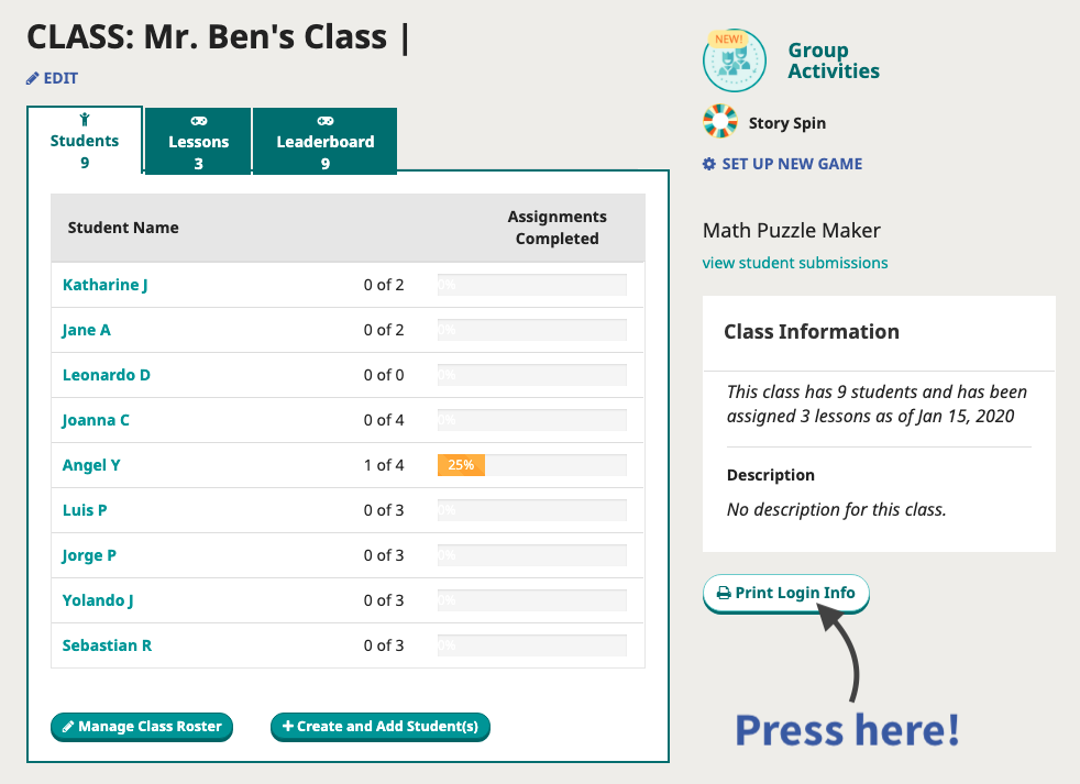Screenshot of student list. Print logins button is highlighted.