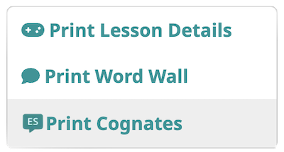 Menu with a print cognates button