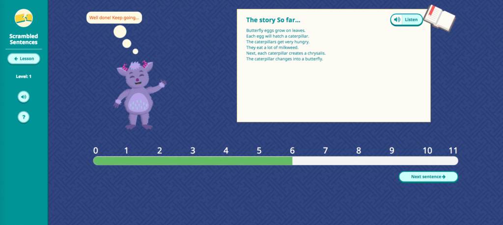 Progress screen in Scrambled Sentences
