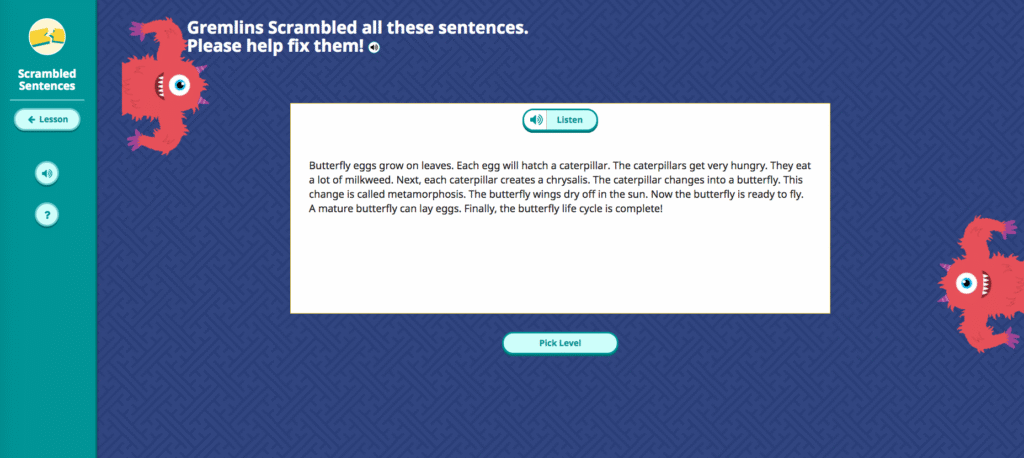 Scrambled Sentences entry screen