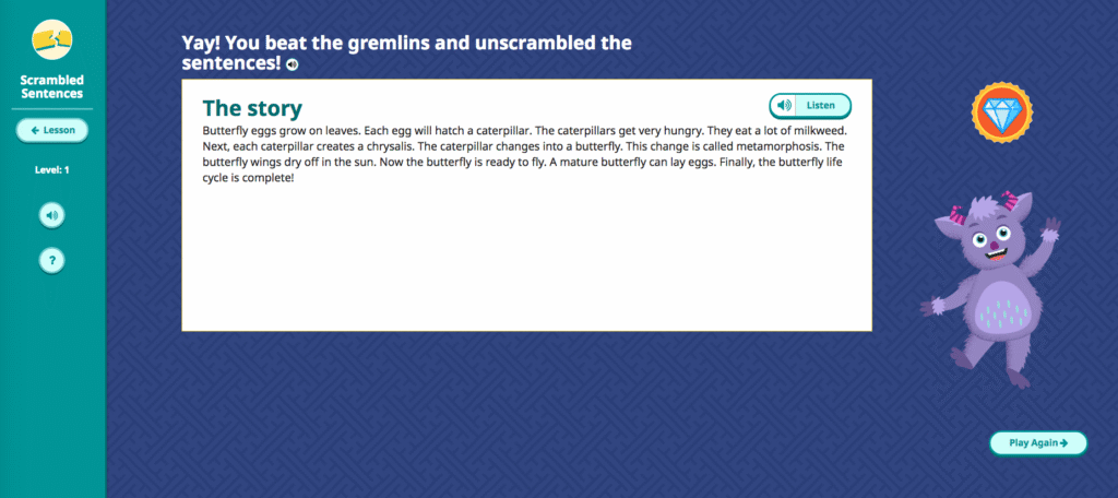 Success screen in Scrambled Sentences