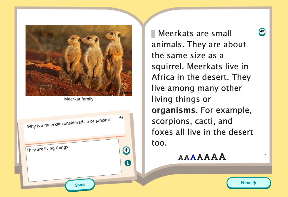 Example of a screenshot from Read Along showing meerkats.