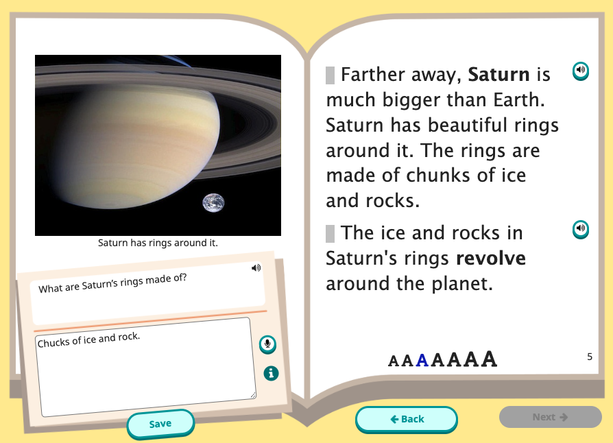 Example of a screen from Read Along, showing Saturn.