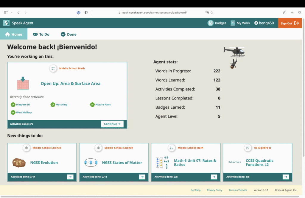 Screenshot of the Student dashboard