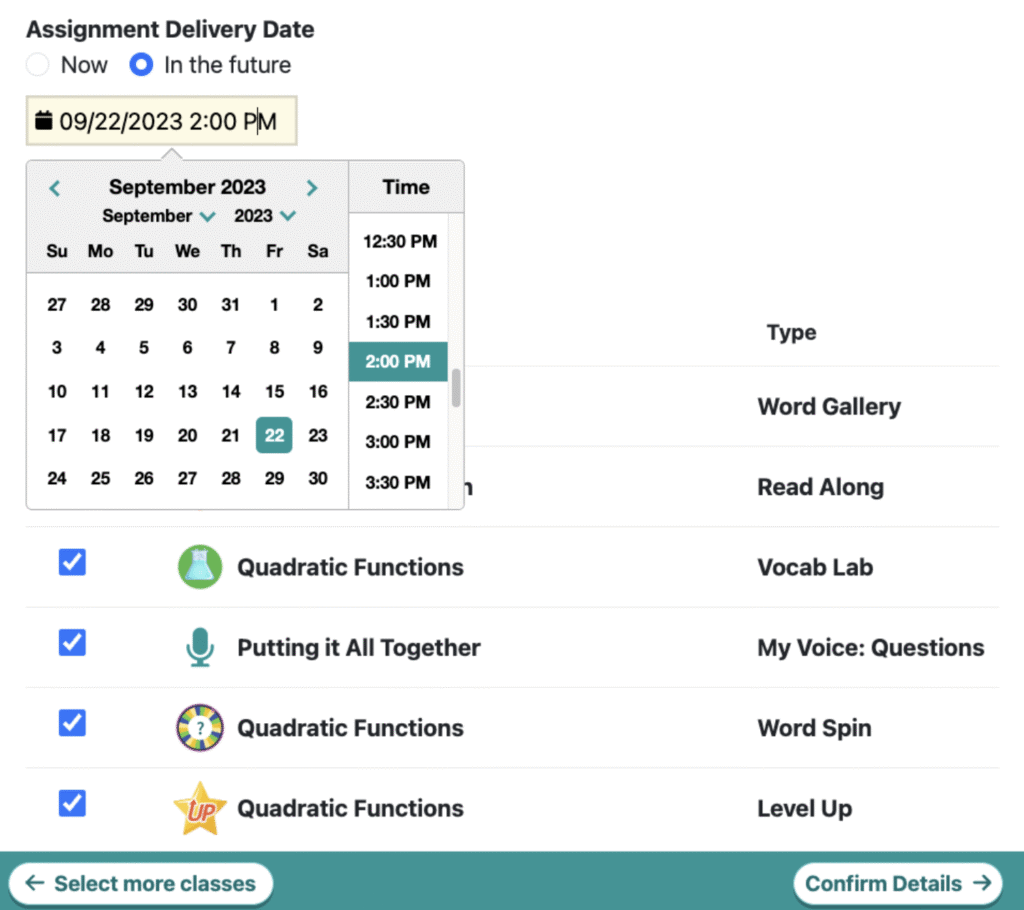 Assignments interface