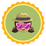 Badge with an agent wearing heart eye glasses.