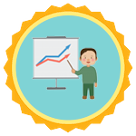 Badge showing a teacher standing in front of a chart. Chart has an arrow going up and to the right.