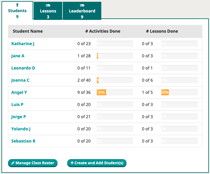 Screenshot of class roster