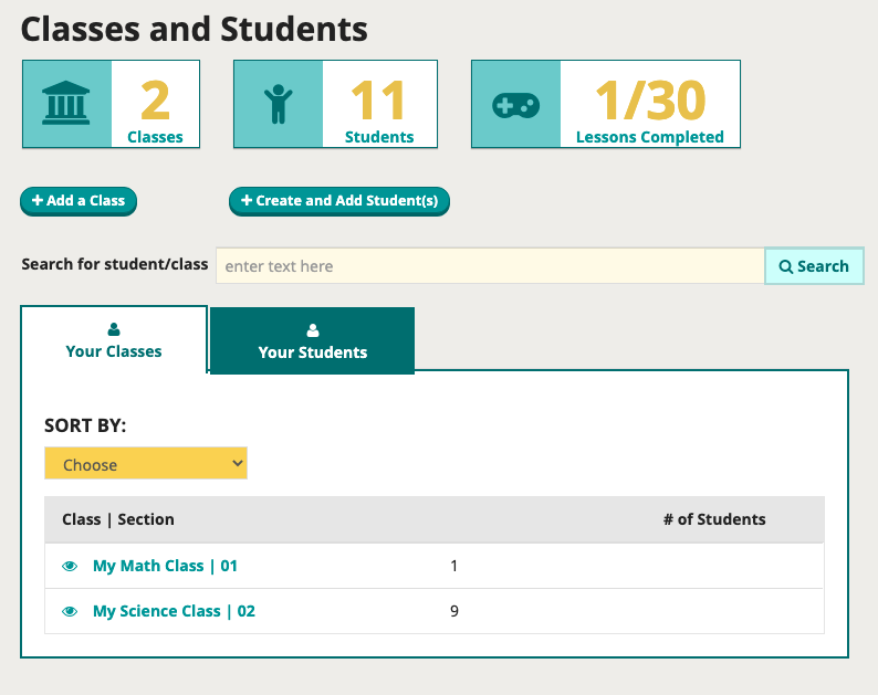 Screenshot of the classes list