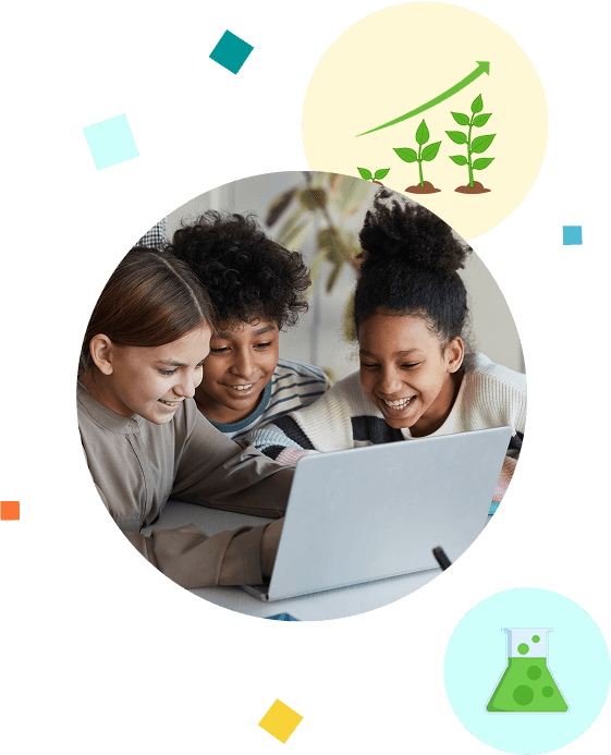 Images of students working together at a laptop, an icon of a scientific flask, and an icons of kids having fun