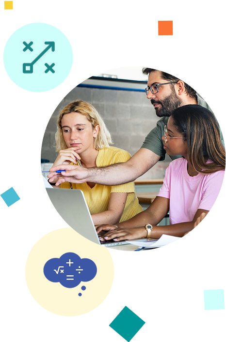An image of a teacher helping students at a laptop, an icon of a thought bubble with math symbols, and an icon of a line going between two xs.