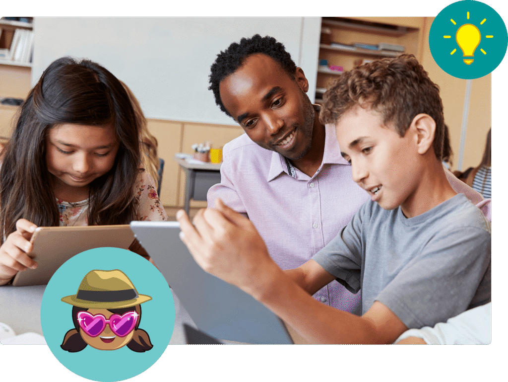 A teacher is helping two students. They students are using tablets. There is a icon of a boy holding a trophy and another of a girl flexing her bicep.