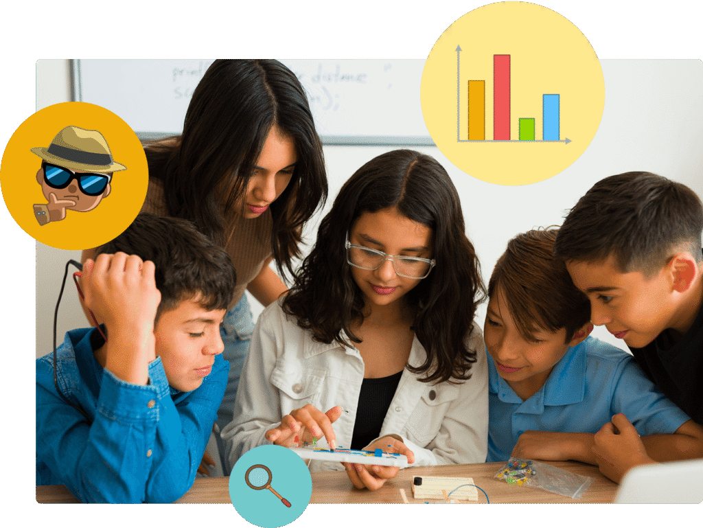 A group of students working together to solve an engineering problem. There are icons of a column chart, a student with an idea, and an open book.