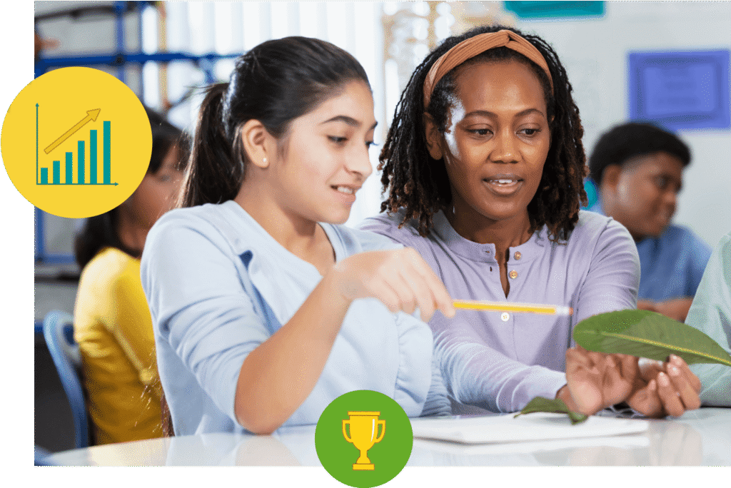 A student is showing a teacher a leaf. There is an icon of a map and an icon of lightbulb in a speech bubble