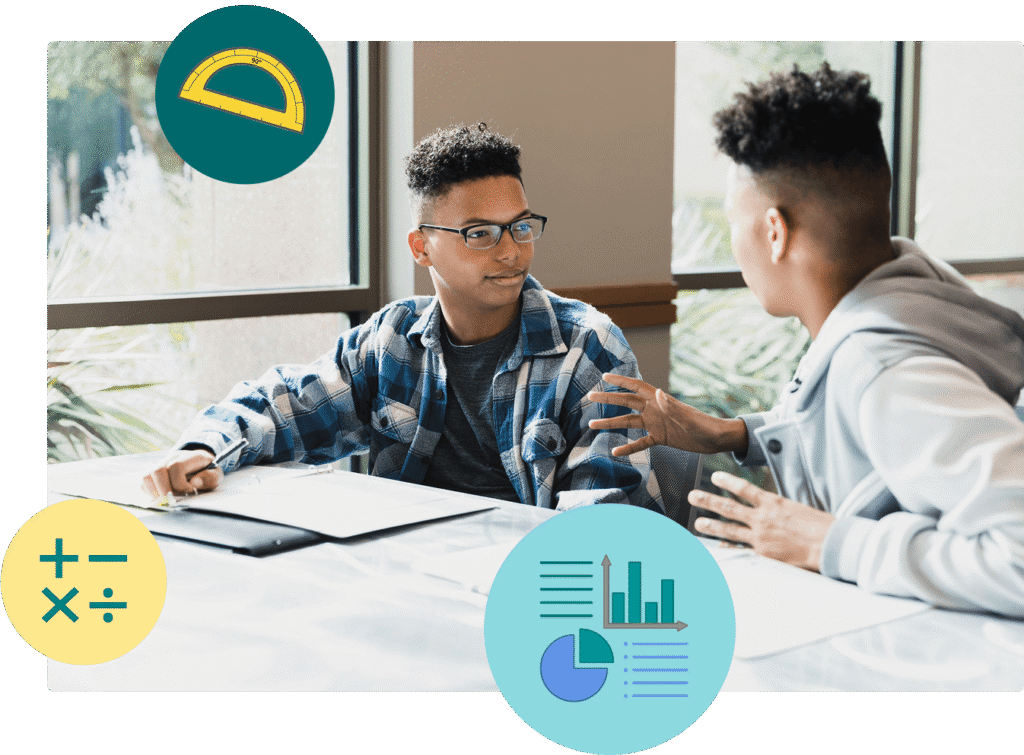 Two middle school boys discuss their home work. There are icons of pizza, math symbols, and a girl doing homework with a calculator.
