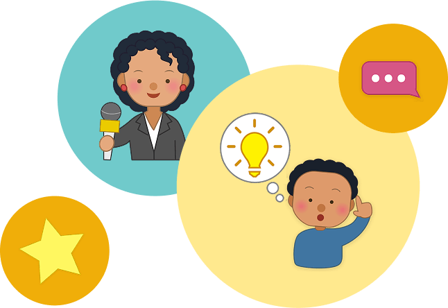 A group of icons. One of a star, one of a reporter, one of someone having an idea, and a speech balloon with an ellipsis in it.
