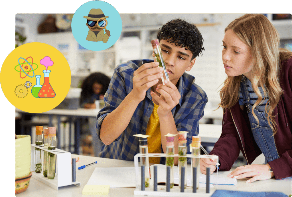 Two students work in a lab. One is looking a test tube. There is an icon of a secret agent looking at through a magnifying glass and an icon of science symbols.