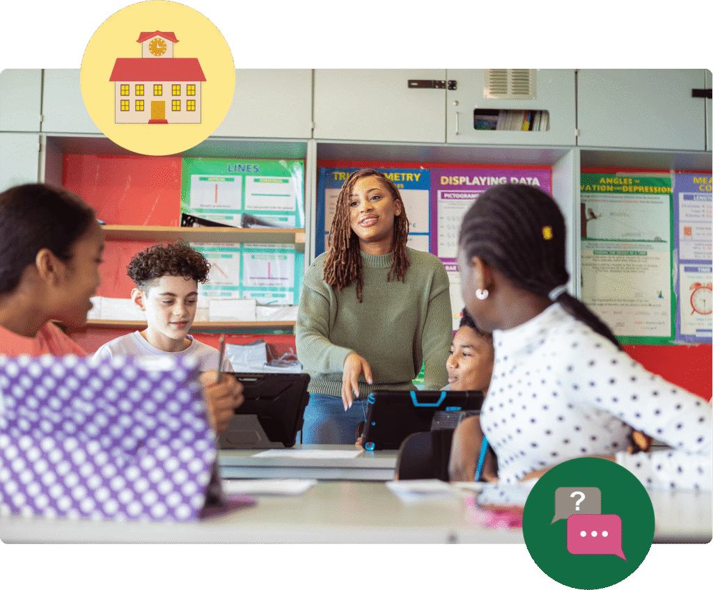 An image of a teacher talking to a class, an icon of a teacher helping two students, and an icon of a question mark and comment bubble.