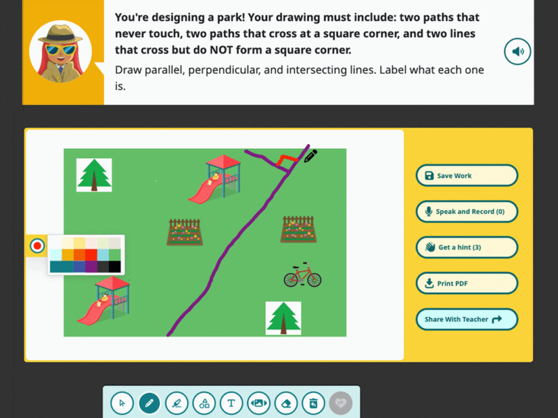 Screenshot of a puzzle where you need to draw a line in a park without touching any elements in the park.