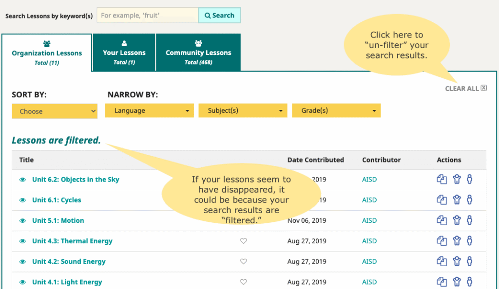 Screenshot of lessons list showing where filtering messages belong.