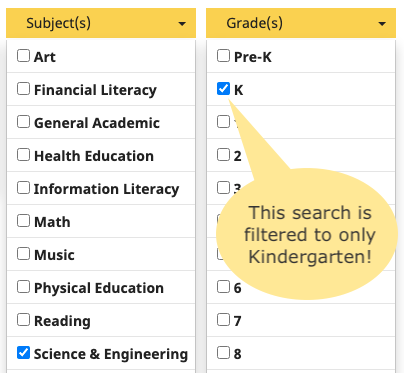 Screenshot of filtering checkboxes