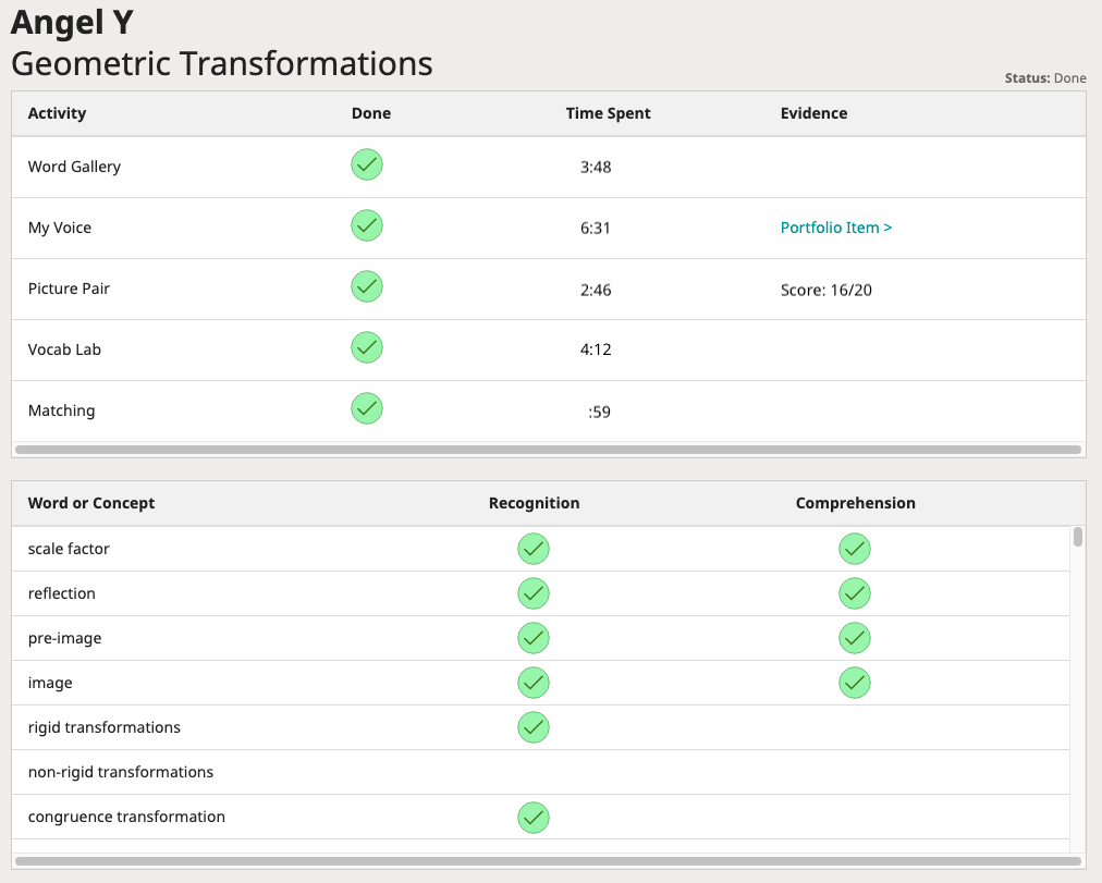 Screenshot of a lesson report