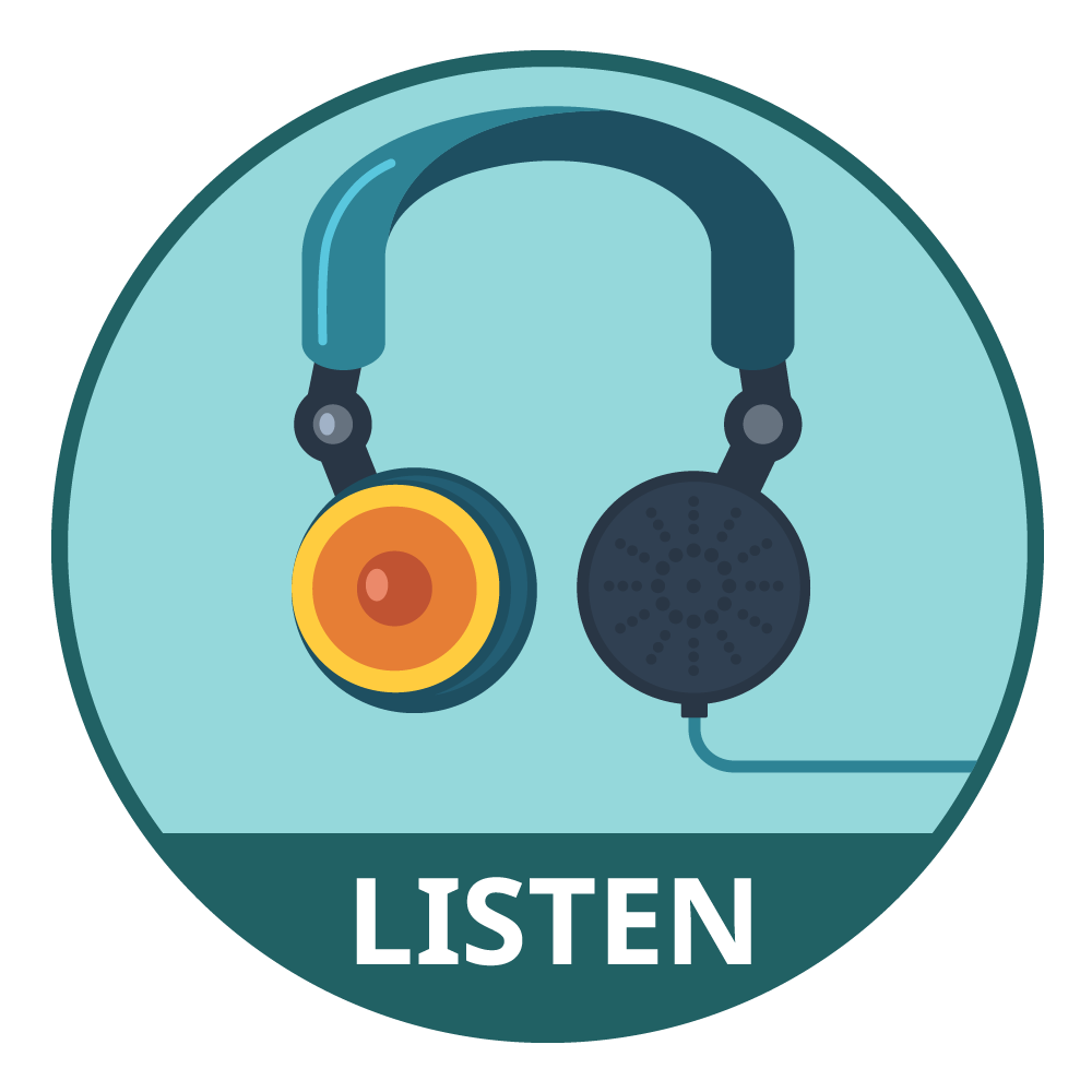 Headphones. Text says listen.