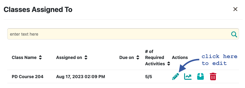 Screenshot of the classes list and where to click to edit attributes.