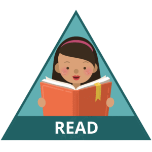 A person reading a book and the word read.
