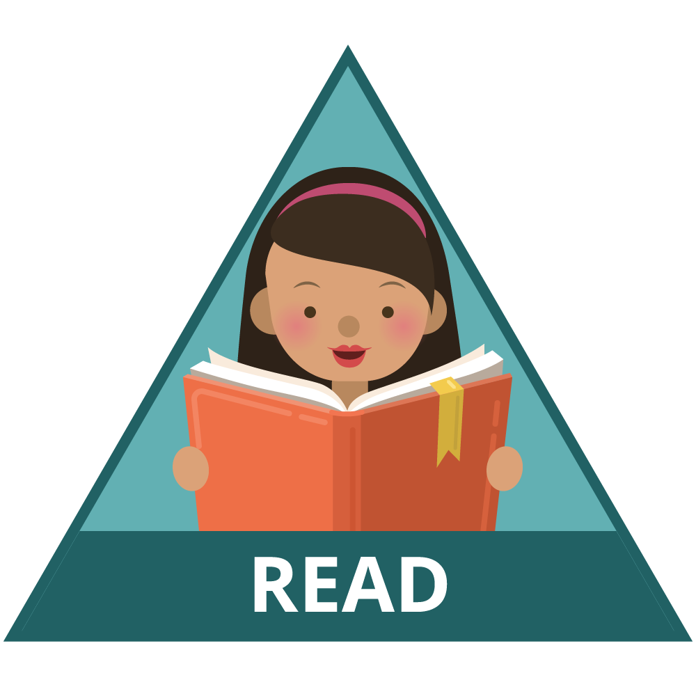 A person is reading a book. Text says read.