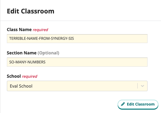 Screenshot of the class renaming interface