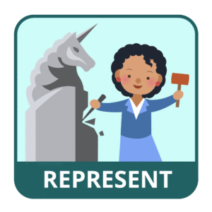 A person working on a sculpture of a unicorn. Text says represent.