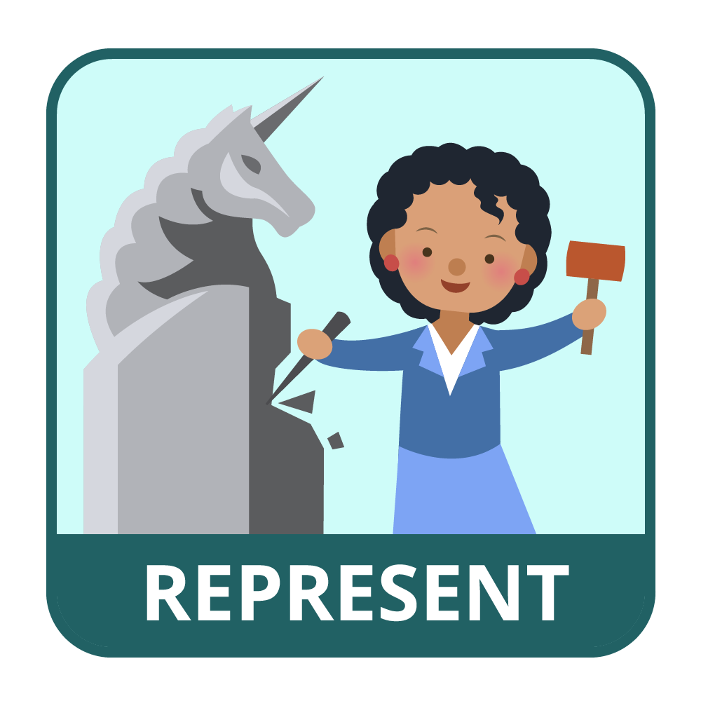 A person is carving a sculpture of a unicorn. Text says represent.