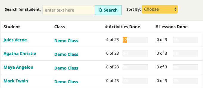 Screenshot of a class roster
