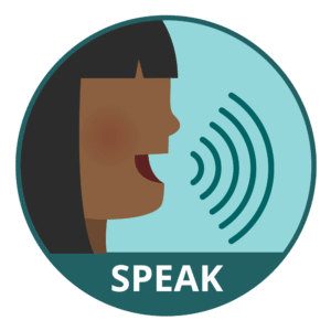 A person with sound waves coming out of their mouth and the word speak