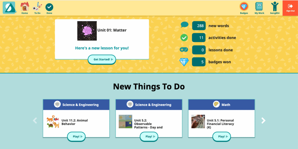 Screenshot of the student view of the app for grades K-5.
