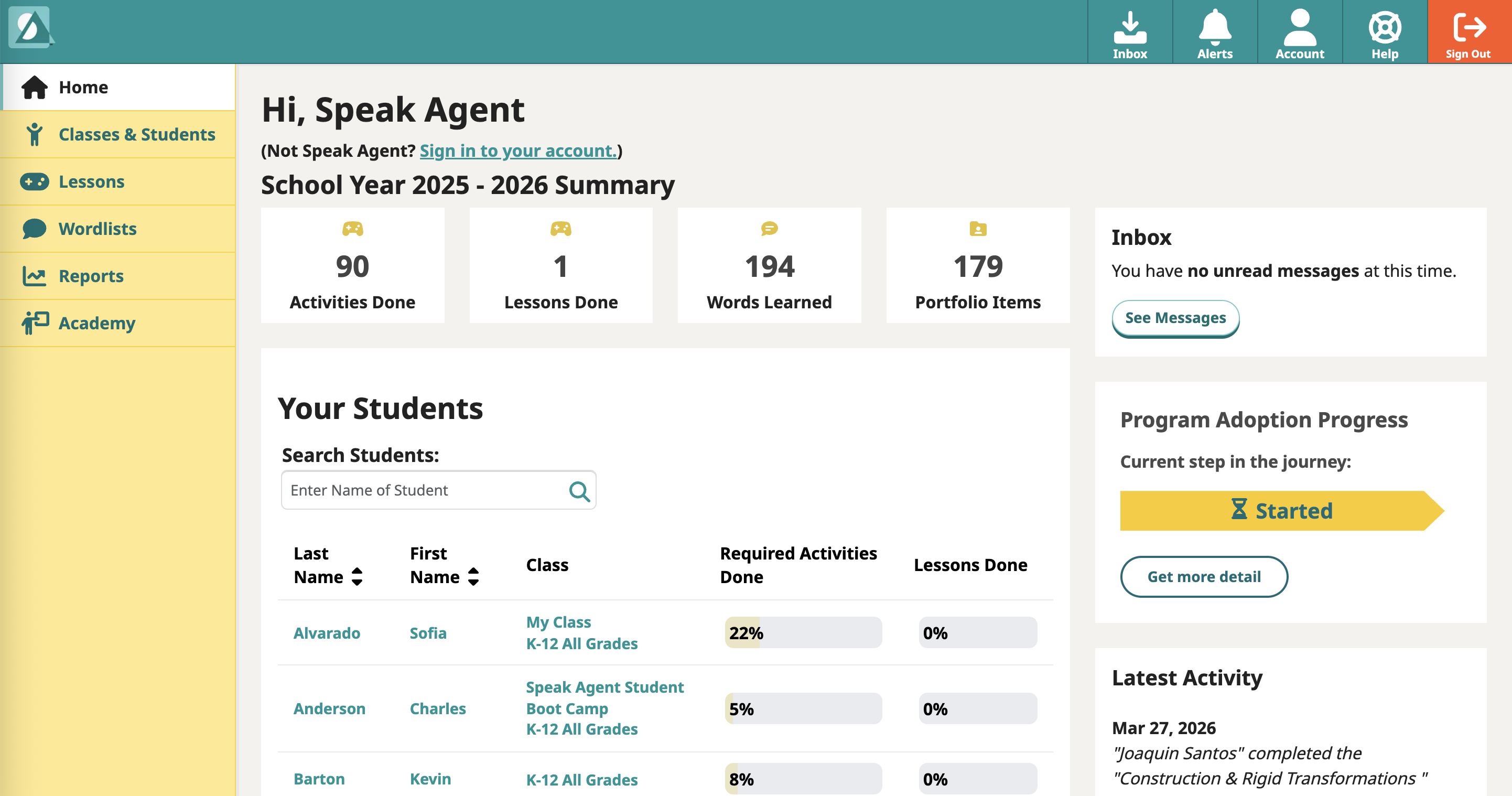 Speak Agent Teacher Dashboard