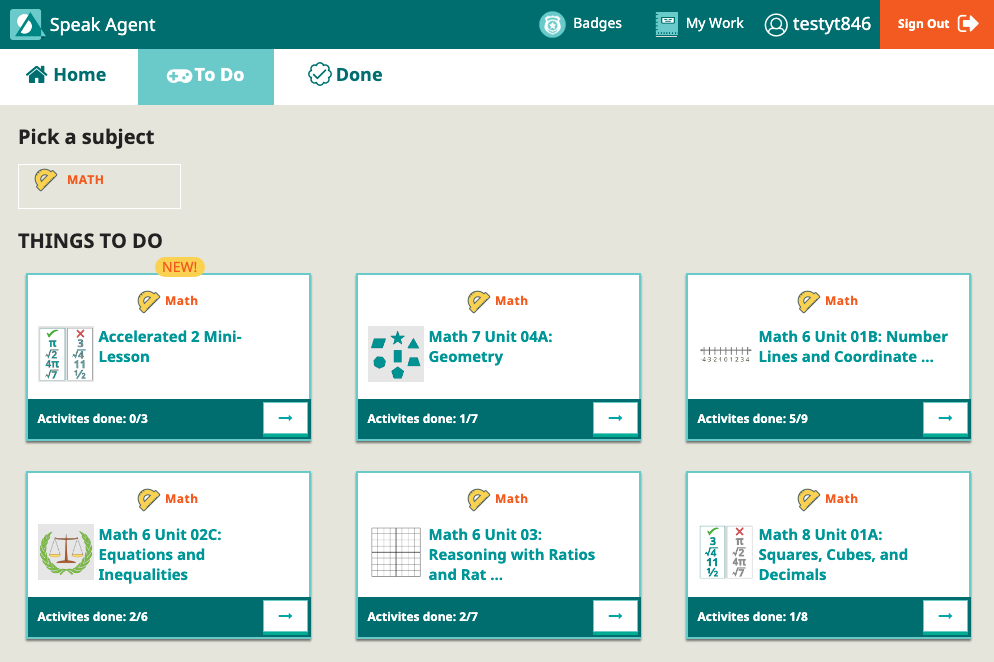 Screenshot of the student view of the app for grades 6 and up.