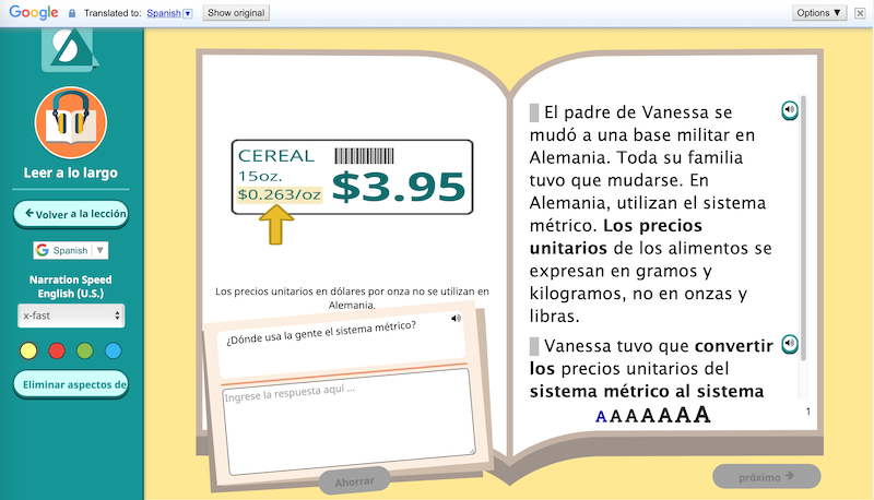 Screenshot of Read Along with translated text.
