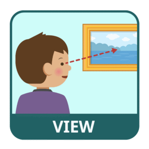 A person looking at a painting. An arrow goes from his eye to the photo. Text says view.