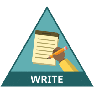 A person writing on a notepad and the word write.