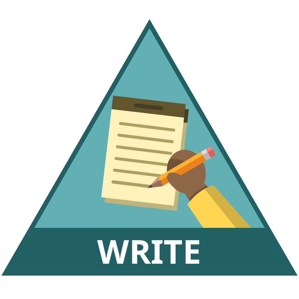 A person writing in a notepad. Text says write.