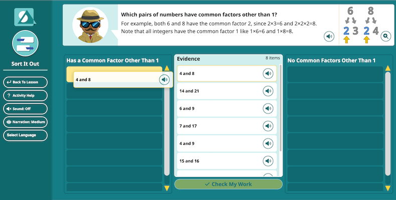 A screenshot of the Sort It Out activity in Speak Agent