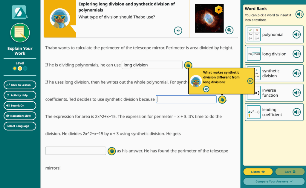 A screenshot of the Explain Your Work scaffolded math writing activity in Speak Agent.