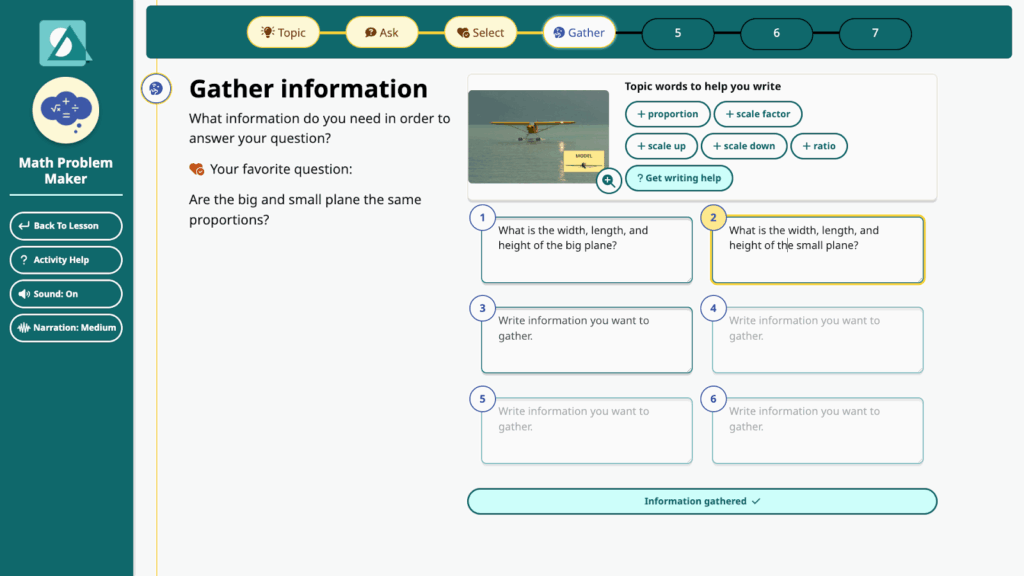 A screenshot of the Math Problem Maker activity in Speak Agent for students writing word problems.